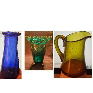 Vintage Small Colored Glass Pitcher and Vases Collectibles